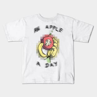 An Apple A Day - banana hand holding gummy worm infested apple - word art Kids T-Shirt